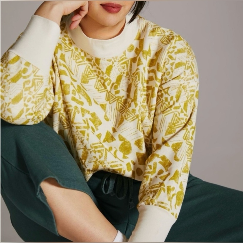 Anthropologie Amadi Printed Cropped Sweatshirt in Chartreuse